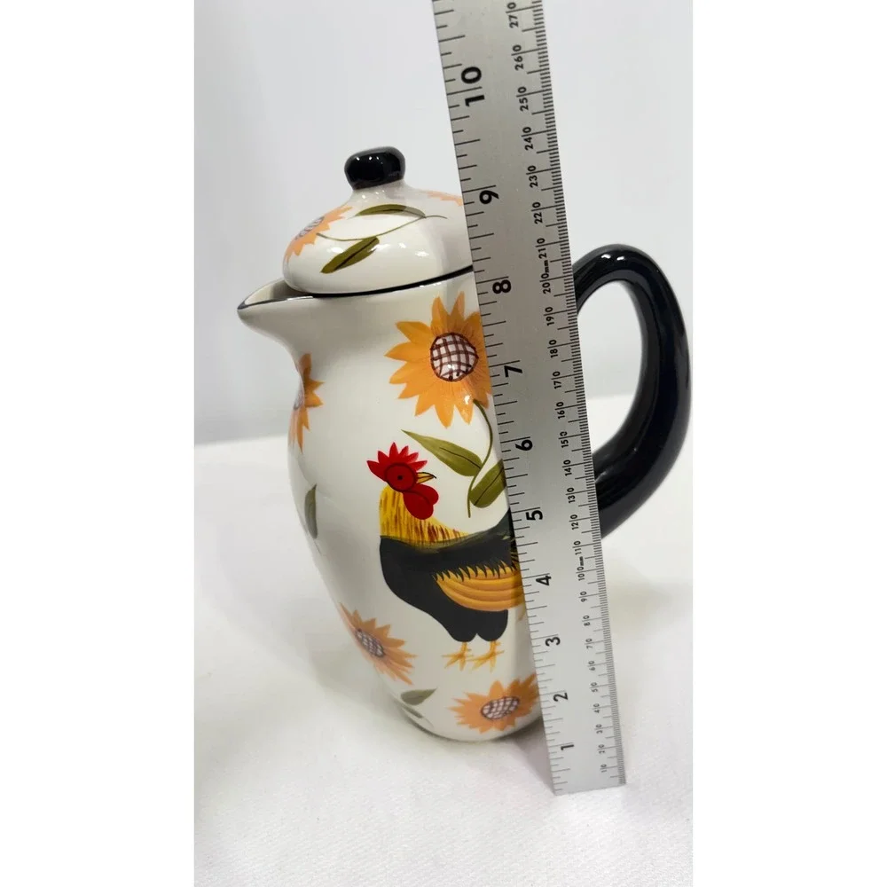 Casa Vero by ACK Hand Painted Rooster Sunflower Ceramic Pitcher with Lid 10 in